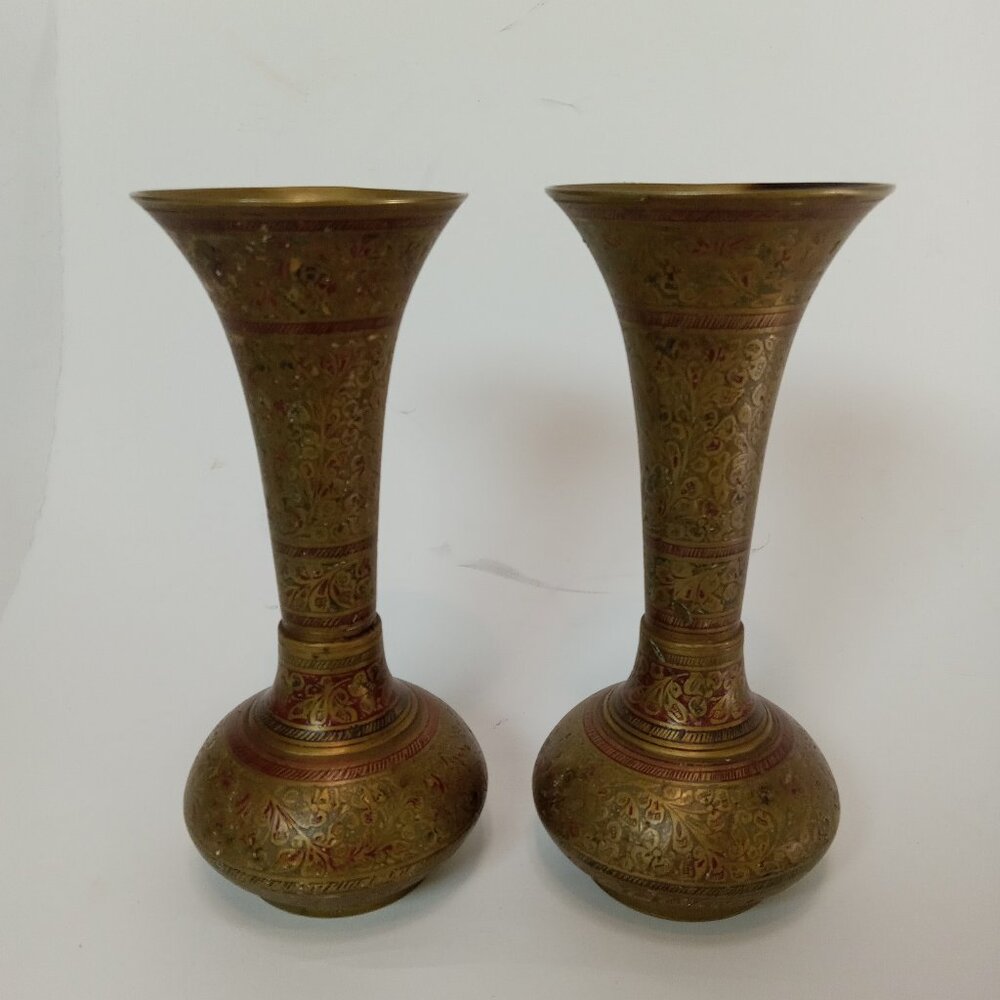 Vintage Pair Hand Painted Floral Leaf Etched India Brass Vases 9” Antique